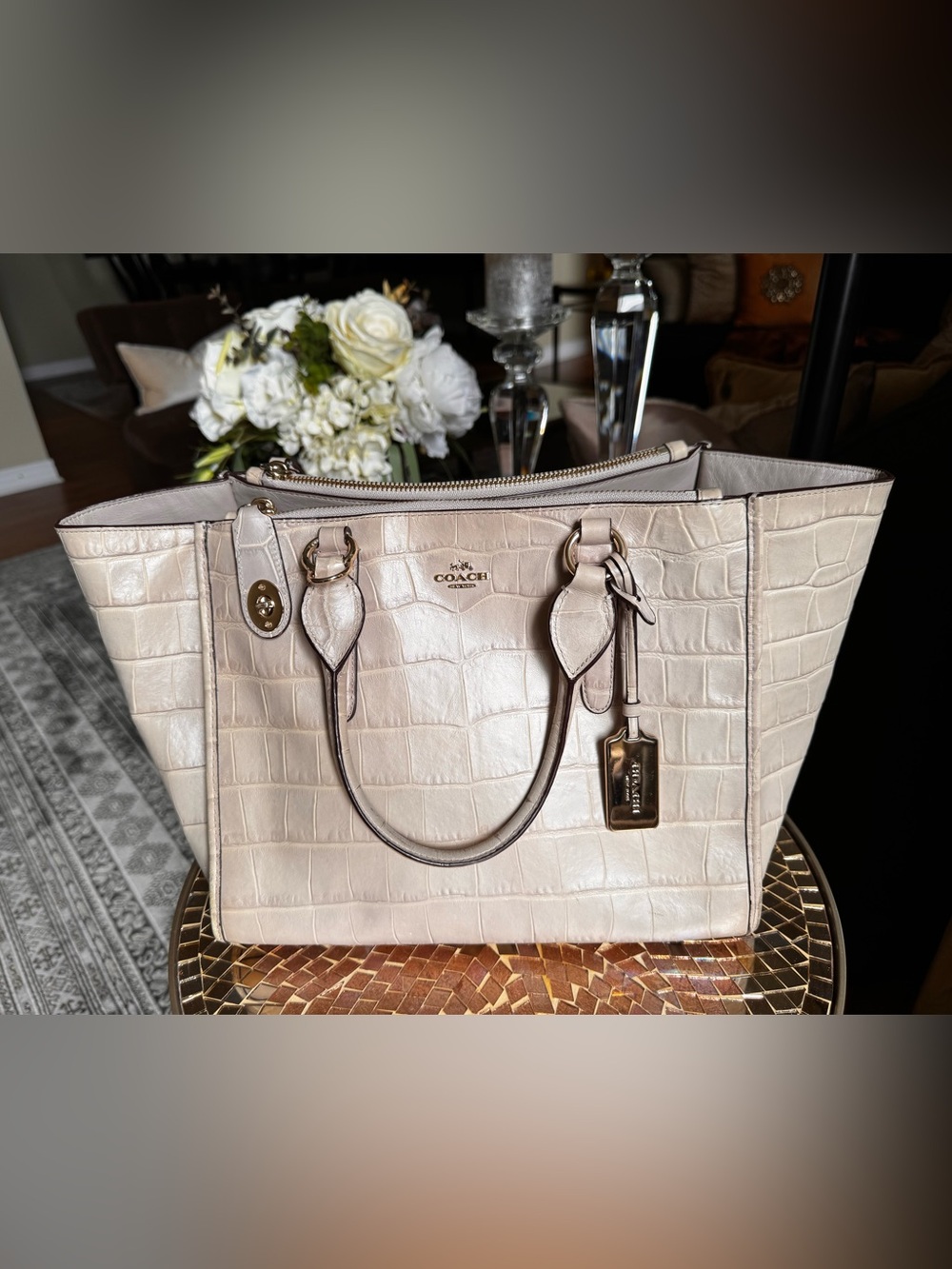 Coach Genuine Leather Crocodile-Embossed Off White Beige Satchel